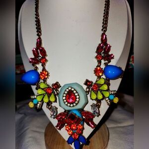 Large Costume Pendant Necklace With Imitation Jewels And Colored Stones NWOT
